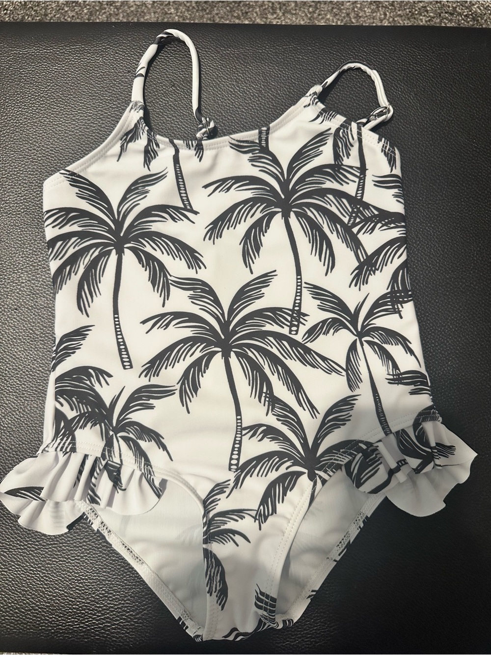 Girls White One-Piece Swimsuit with Black Palm Print New without tags